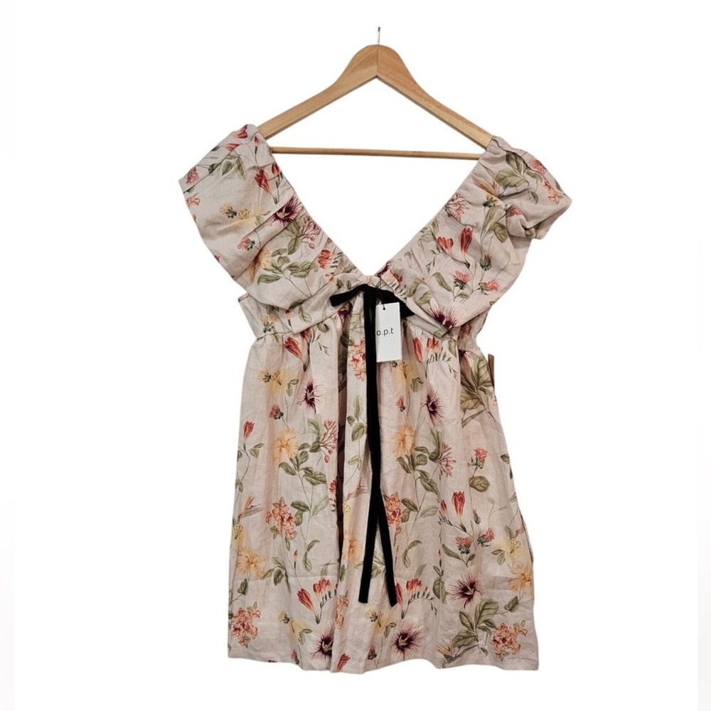 OPT NWT Womens‎ Floral Linen Mini Dress Ruffle Sleeve Small Feminine Coquette